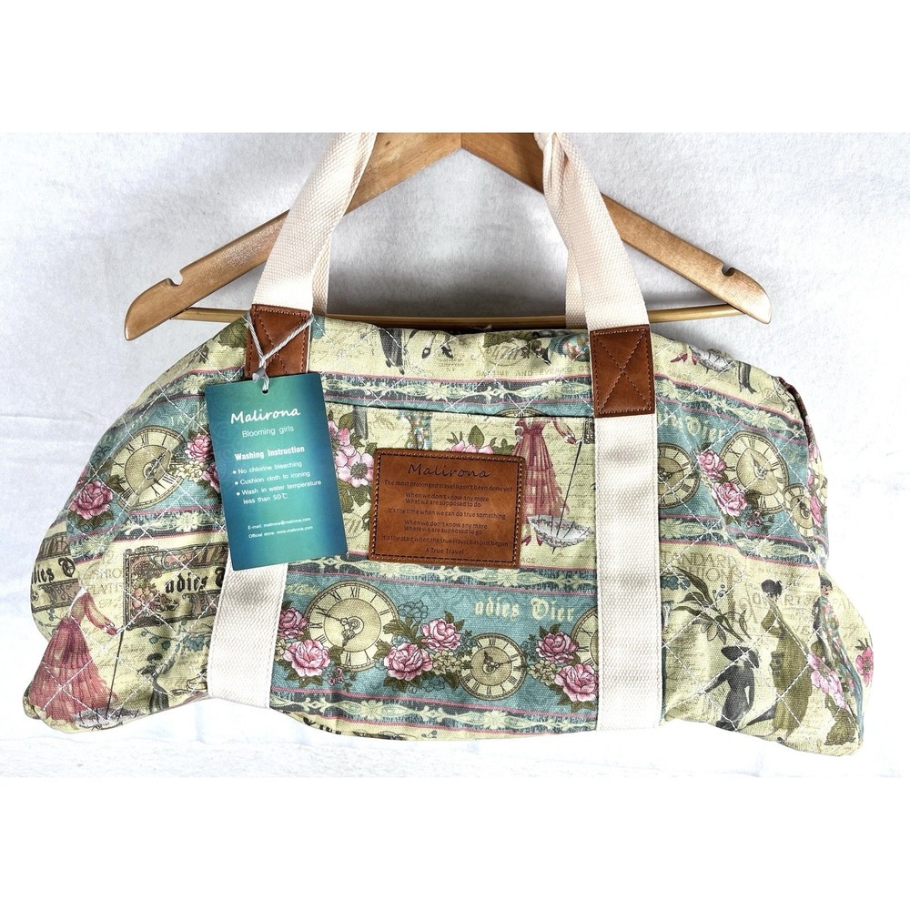 NWT VTG Malirona Figural Canvas Weekender Bag Tote Floral Clock People